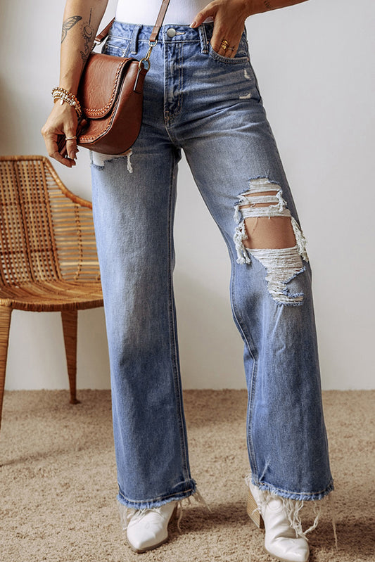 Ashleigh Blue Distressed Raw Hem Straight Leg High Waist Jeans - Premium Bottoms/Jeans from Momma Done Gone Crafty- Just $62.99! Shop now at Momma Done Gone Crafty