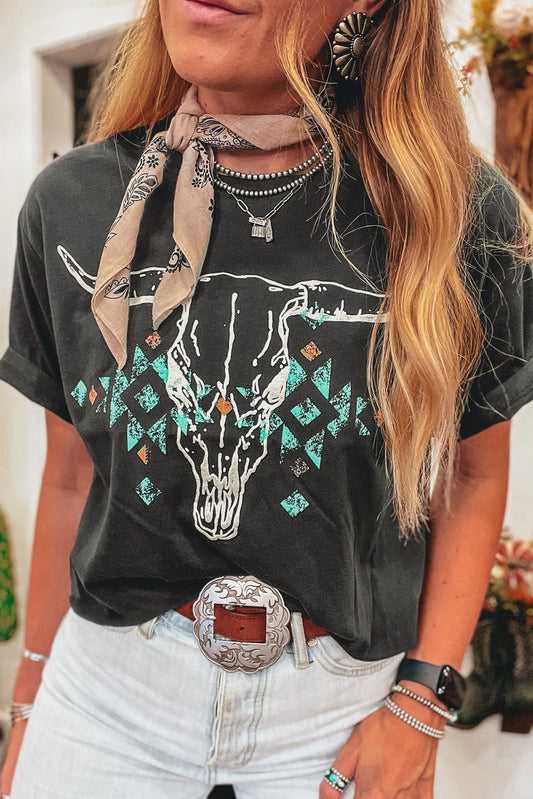 Carbon Grey Vintage Western Bull Head Skull Turquoise Aztec Graphic T Shirt - Premium Tops/Tops & Tees from Momma Done Gone Crafty- Just $19.99! Shop now at Momma Done Gone Crafty