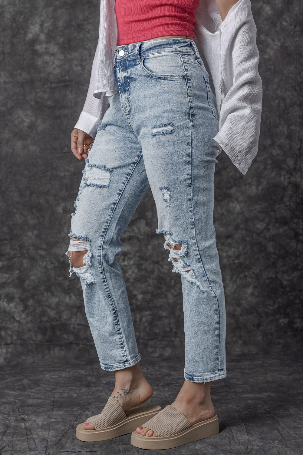 Sky Blue Light Wash Frayed Slim Fit High Waist Jeans - Premium Bottoms from Momma Done Gone Crafty- Just $71.97! Shop now at Momma Done Gone Crafty