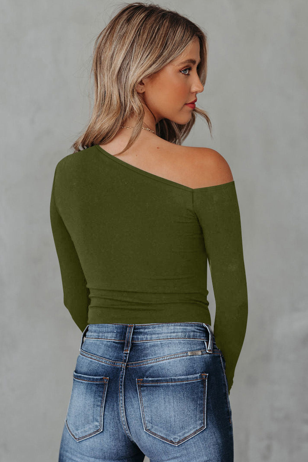 Green Asymmetrical Neckline Long Sleeve Knit Top - Premium Tops from Momma Done Gone Crafty- Just $23.94! Shop now at Momma Done Gone Crafty