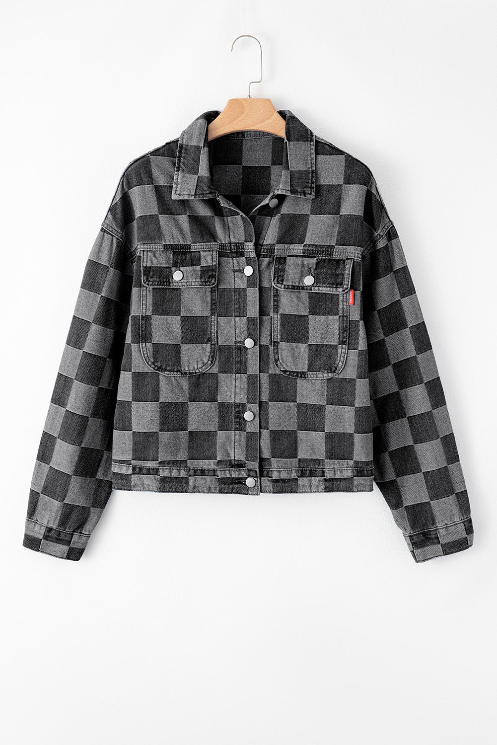 Black Checkered Patchwork Button up Denim Jacket - Premium Outerwear/Denim jackets from Momma Done Gone Crafty- Just $37.11! Shop now at Momma Done Gone Crafty