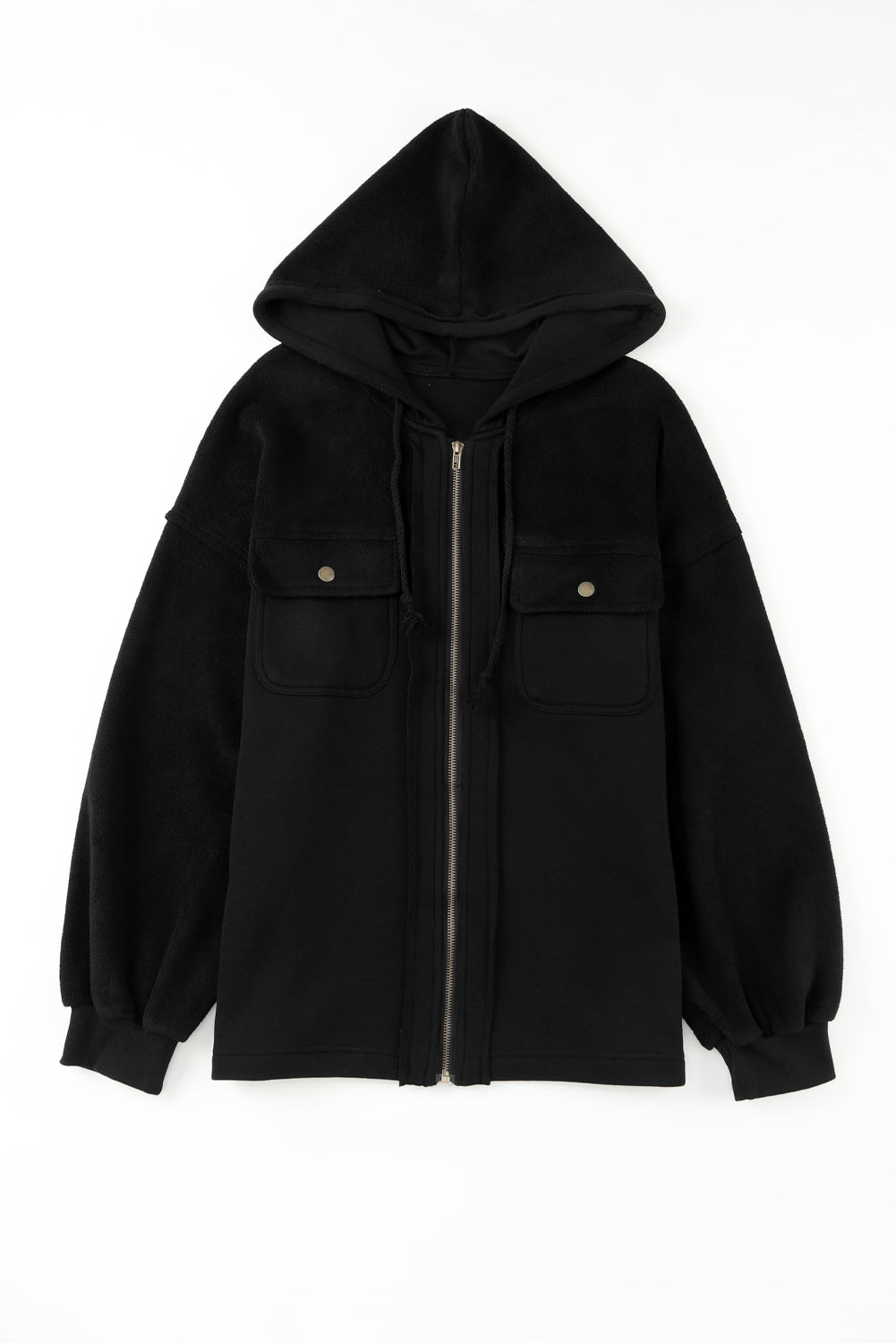 Black Flap Pocket Drawstring Hood Zip Up Jacket - Premium Outerwear from Momma Done Gone Crafty- Just $38.99! Shop now at Momma Done Gone Crafty