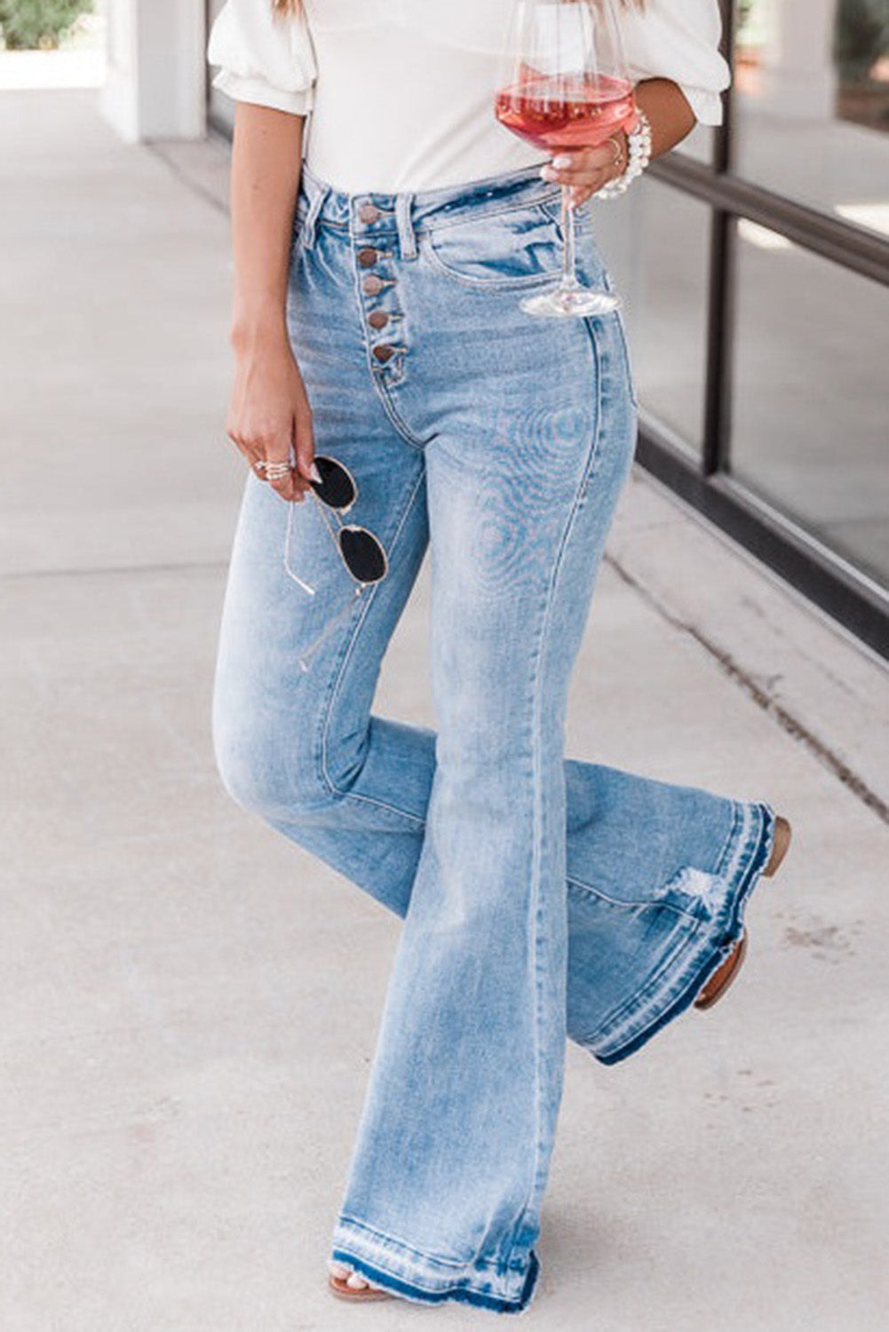 Sky Blue High Waist Buttoned Distressed Flared Jeans - Premium Bottoms from Momma Done Gone Crafty- Just $48.99! Shop now at Momma Done Gone Crafty