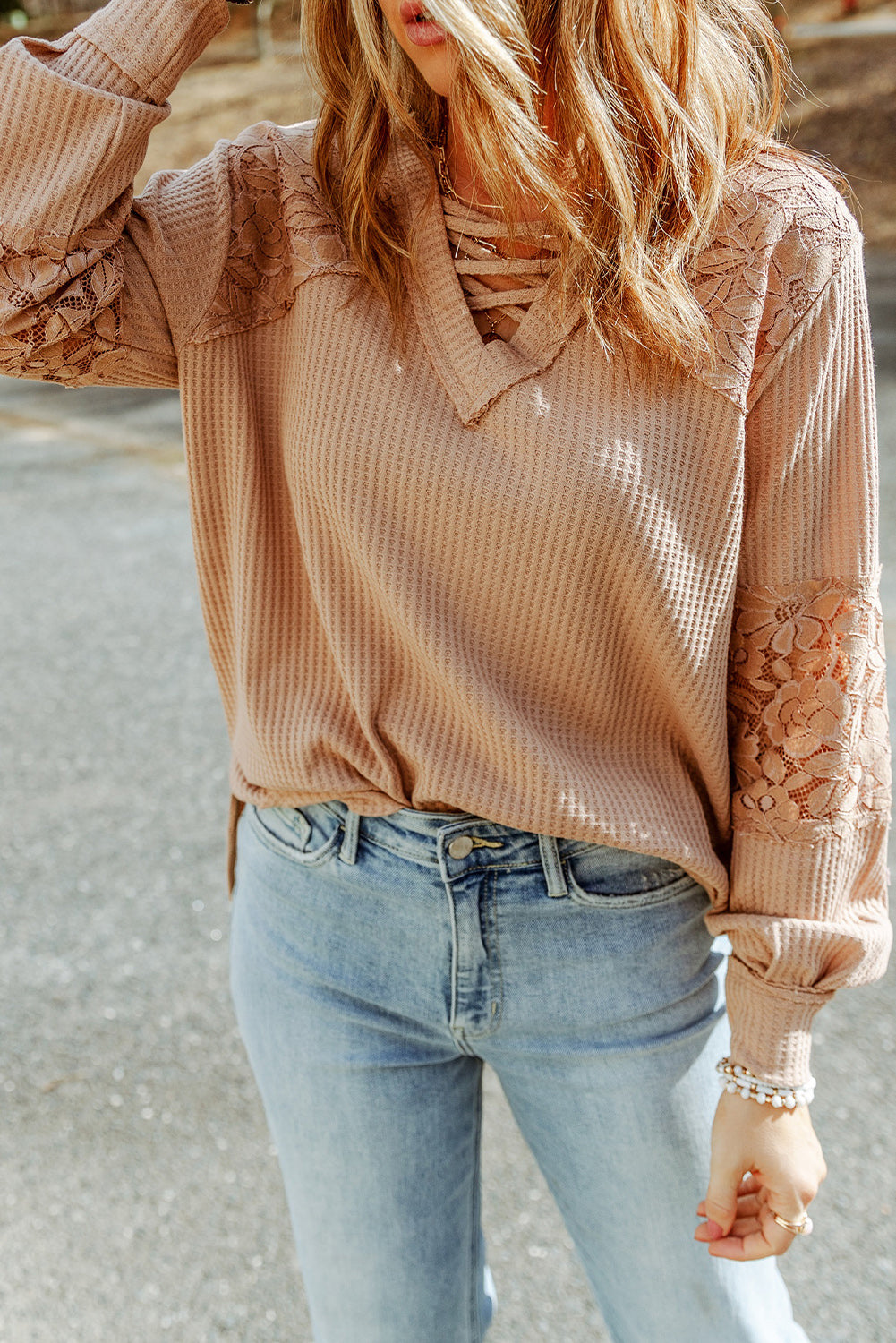 Apricot Lace Waffle Patchwork Strappy V Neck Long Sleeve Top - Premium Tops from Momma Done Gone Crafty- Just $23.10! Shop now at Momma Done Gone Crafty