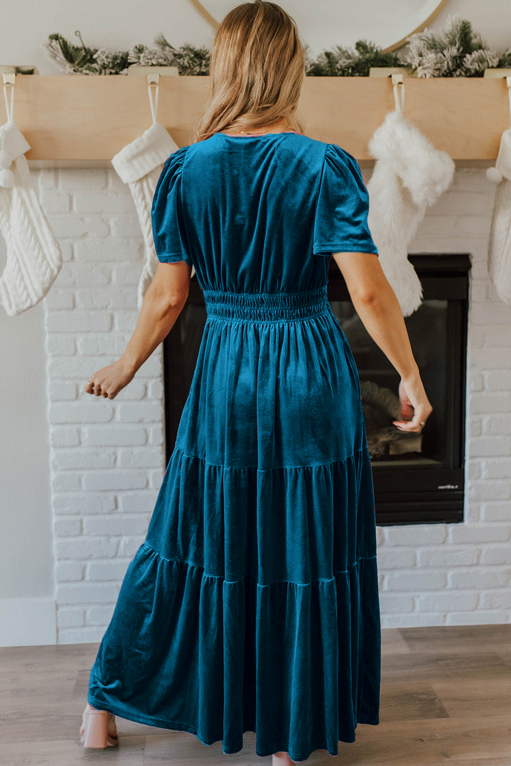 Prussian Blue Velvet Short Sleeve Shirred Waist Tiered Maxi Dress - Premium Dresses/Maxi Dresses from Momma Done Gone Crafty- Just $52.99! Shop now at Momma Done Gone Crafty