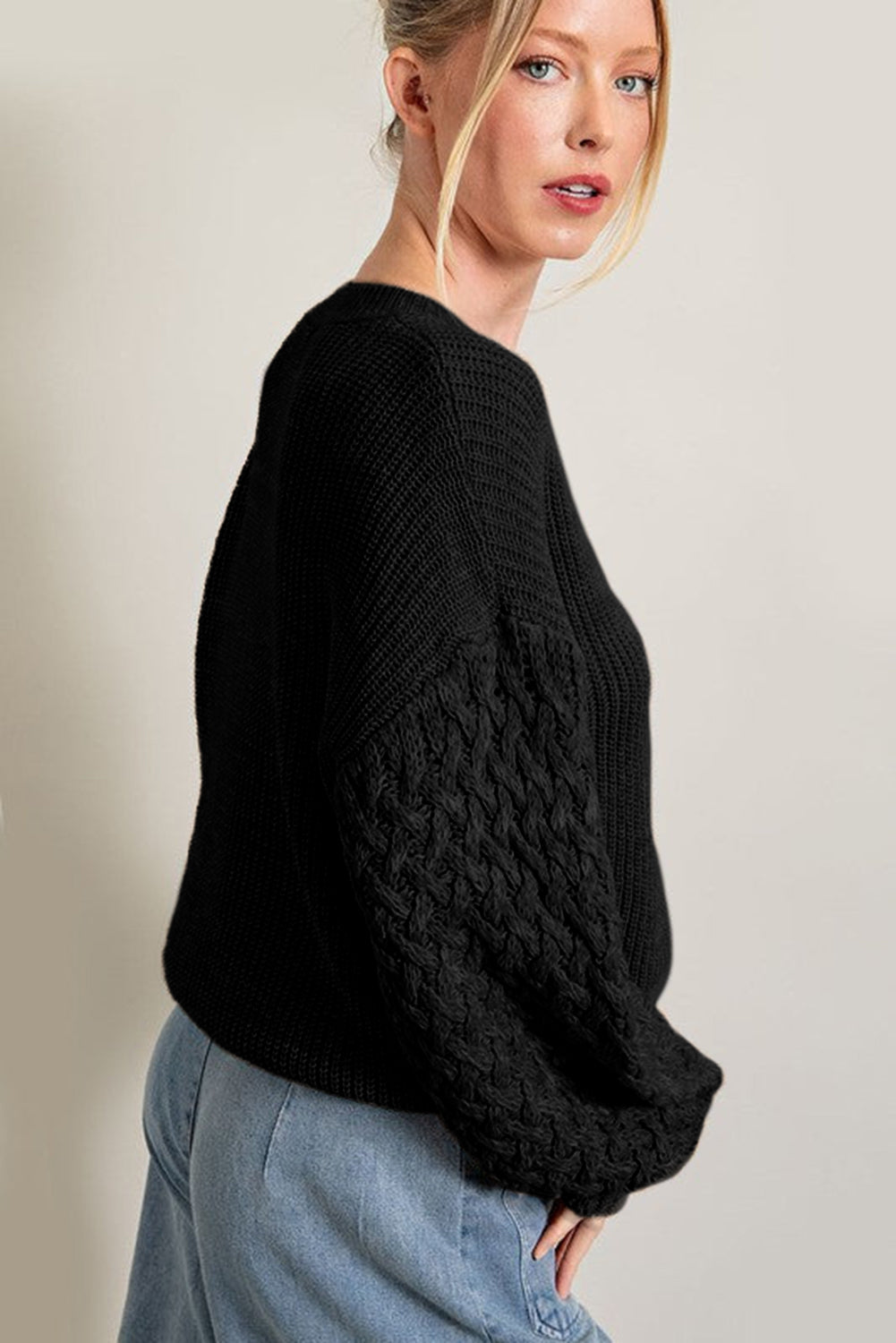 Black Cable Knit Sleeve Drop Shoulder Sweater - Premium Tops from Momma Done Gone Crafty- Just $38.99! Shop now at Momma Done Gone Crafty