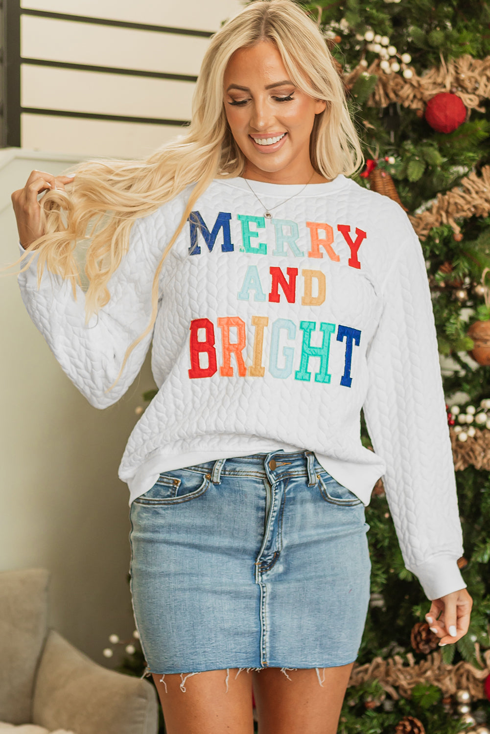 White Merry And Bright Cable Knit Pullover Sweatshirt - Premium Tops from Momma Done Gone Crafty- Just $45.99! Shop now at Momma Done Gone Crafty