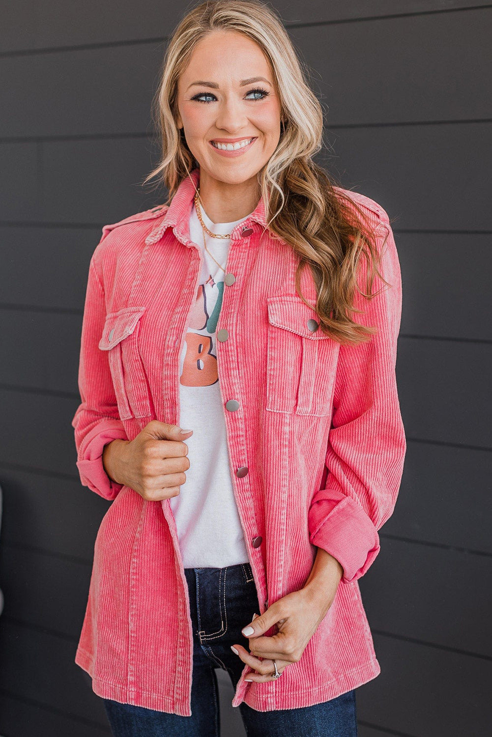 Pink Buttoned Flap Pocket Corduroy Jacket - Premium Outerwear from Momma Done Gone Crafty- Just $42.99! Shop now at Momma Done Gone Crafty