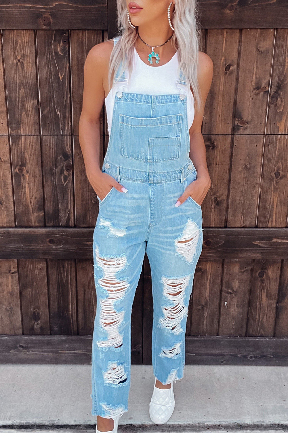 Sky Blue Constructed Bib Pocket Distressed Denim Overalls - Premium Bottoms from Momma Done Gone Crafty- Just $65.99! Shop now at Momma Done Gone Crafty