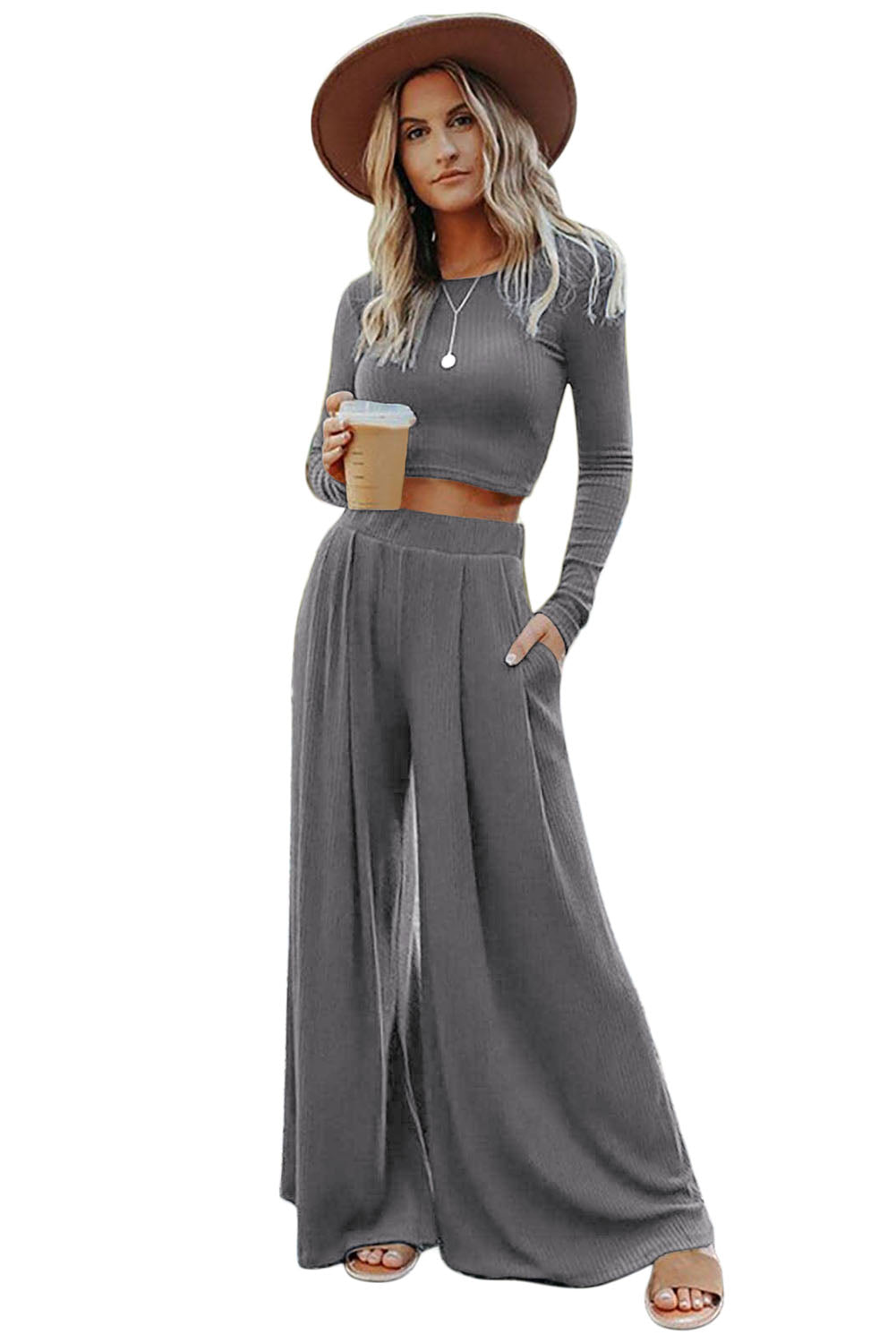 Gray Solid Color Ribbed Crop Top Long Pants Set - Premium Loungewear from Momma Done Gone Crafty- Just $65.94! Shop now at Momma Done Gone Crafty