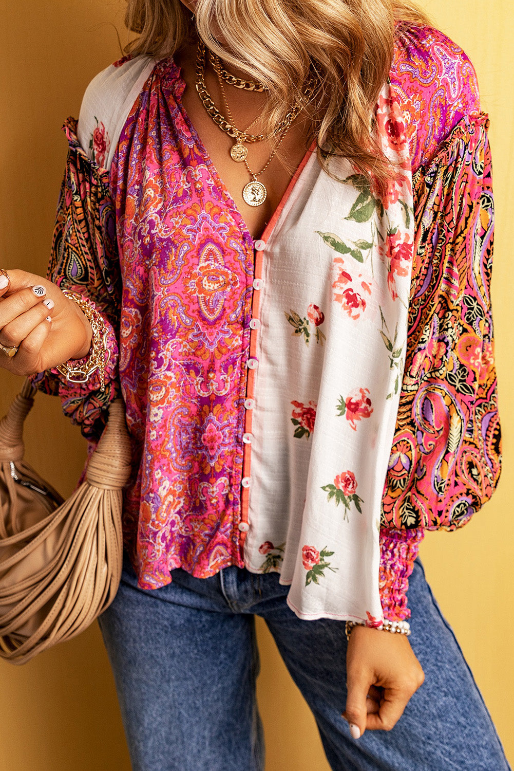 Multicolor Floral Patchwork Shirred Cuff Buttoned V Neck Blouse - Premium Tops from Momma Done Gone Crafty- Just $41.94! Shop now at Momma Done Gone Crafty