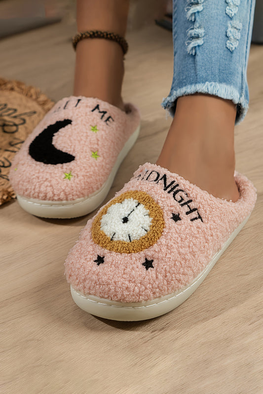 Light Pink Moon & Clock Pattern Fuzzy Home Slippers - Premium Shoes & Bags/Slippers from Momma Done Gone Crafty- Just $16.99! Shop now at Momma Done Gone Crafty