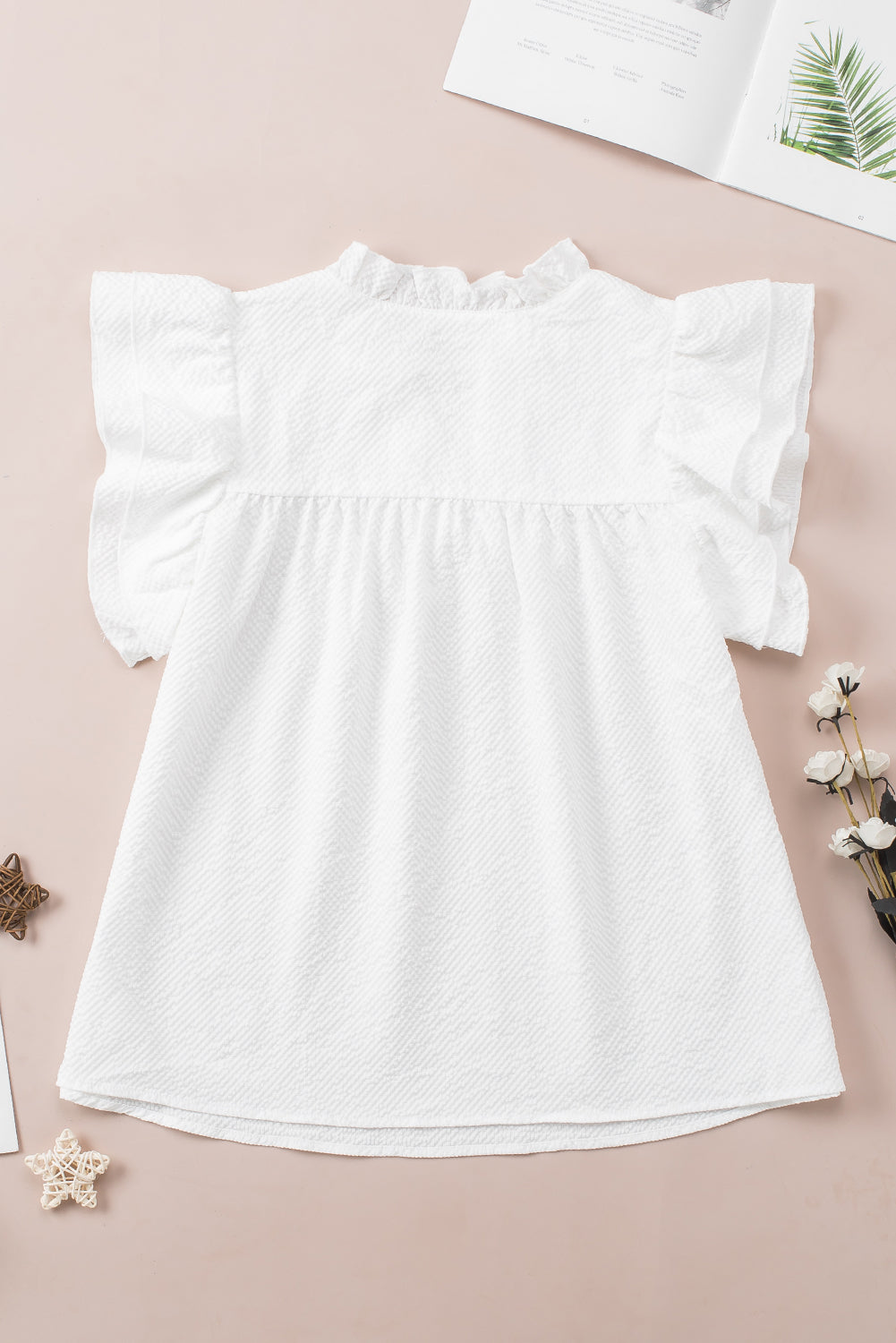 White Ruffle Accent Flutter Sleeve Notch Neck Top - Premium Tops from Momma Done Gone Crafty- Just $16! Shop now at Momma Done Gone Crafty