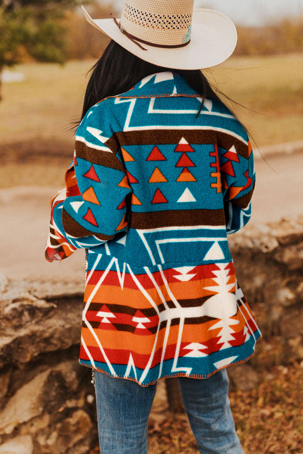 Sky Blue Aztec Printed Lapel Bell Sleeve Jacket - Premium Outerwear/Jackets from Momma Done Gone Crafty- Just $37.99! Shop now at Momma Done Gone Crafty