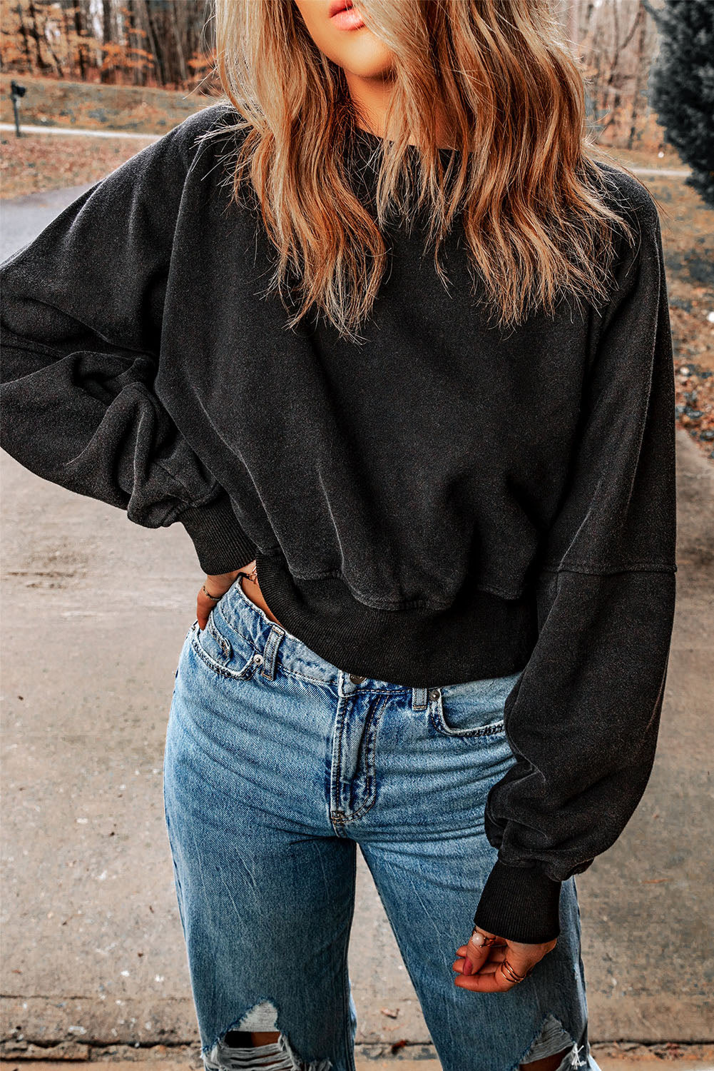 Black Acid Wash V-shape Open Back Sweatshirt - Premium Tops from Momma Done Gone Crafty- Just $52.00! Shop now at Momma Done Gone Crafty