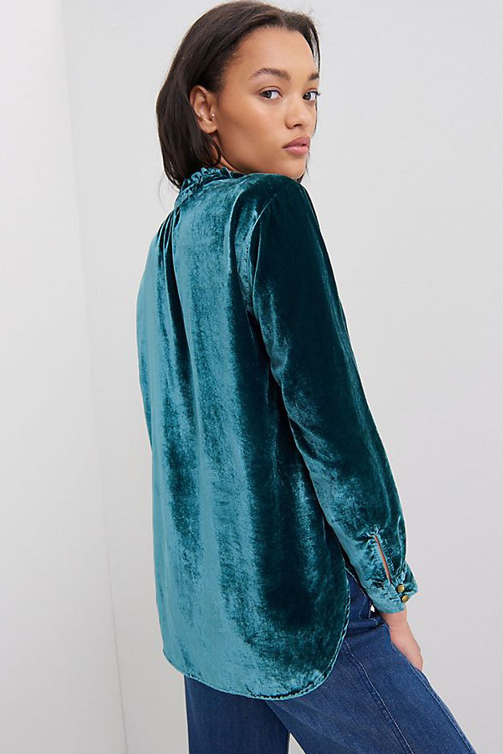 Green Frilled Neck Buttoned Front Velvet Top - Premium Tops from Momma Done Gone Crafty- Just $23.40! Shop now at Momma Done Gone Crafty