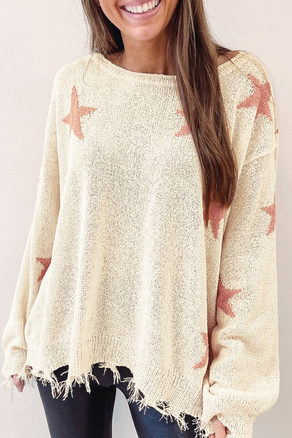 Beige Starry Long Sleeve Raw Hem Sweater - Premium Tops from Momma Done Gone Crafty- Just $35.31! Shop now at Momma Done Gone Crafty