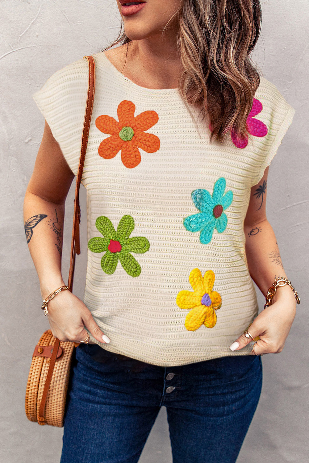 White Flower Crochet Round Neck Knitted Top - Premium Sweaters & Cardigans/Short Sleeve Sweaters from Momma Done Gone Crafty- Just $45.99! Shop now at Momma Done Gone Crafty