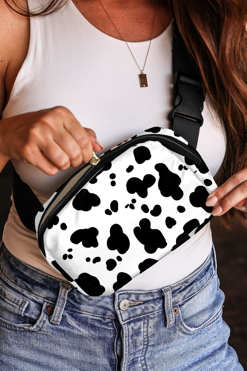 White Cow Pattern Print Buckle Wide Belt Inclined Shoulder Bag - Premium Shoes & Bags/Crossbody Bags from Momma Done Gone Crafty- Just $26.99! Shop now at Momma Done Gone Crafty