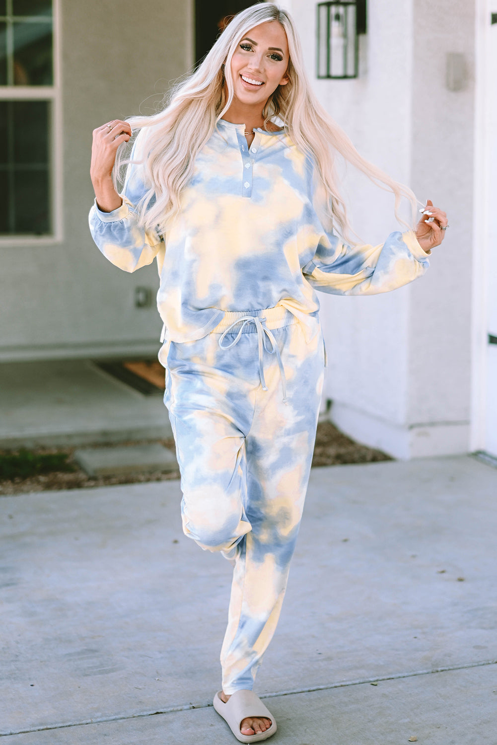 Multicolor Tie Dye Henley Top and Drawstring Pants Outfit - Premium Loungewear from Momma Done Gone Crafty- Just $39.99! Shop now at Momma Done Gone Crafty