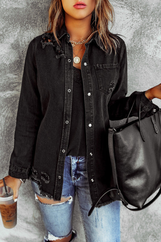 Black Ripped Denim Jacket - Premium Outerwear from Momma Done Gone Crafty- Just $40.00! Shop now at Momma Done Gone Crafty