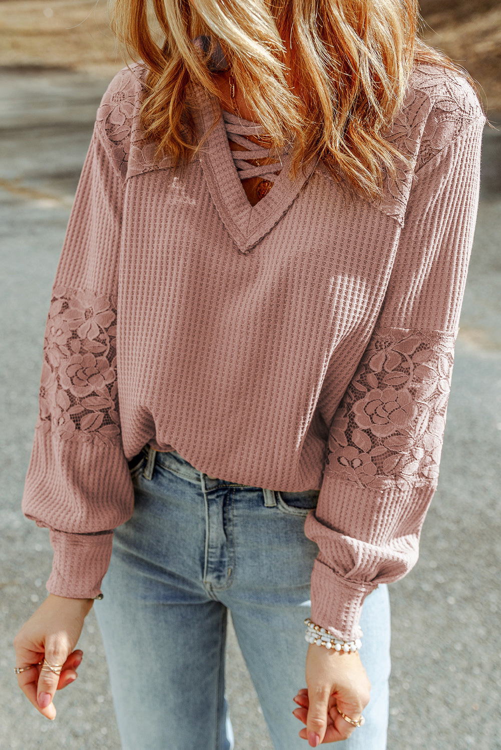 Pink Lace Waffle Patchwork Strappy V Neck Long Sleeve Top - Premium Tops from Momma Done Gone Crafty- Just $38.40! Shop now at Momma Done Gone Crafty