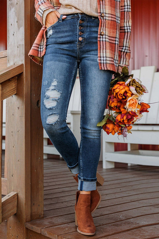 Blue Distressed Button Fly High Waist Skinny Jeans - Premium Bottoms from Momma Done Gone Crafty- Just $35.40! Shop now at Momma Done Gone Crafty