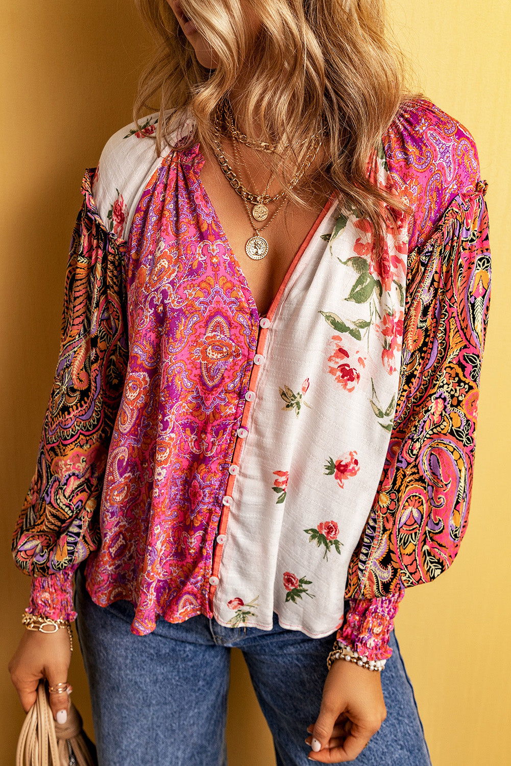 Multicolor Floral Patchwork Shirred Cuff Buttoned V Neck Blouse - Premium Tops from Momma Done Gone Crafty- Just $41.94! Shop now at Momma Done Gone Crafty