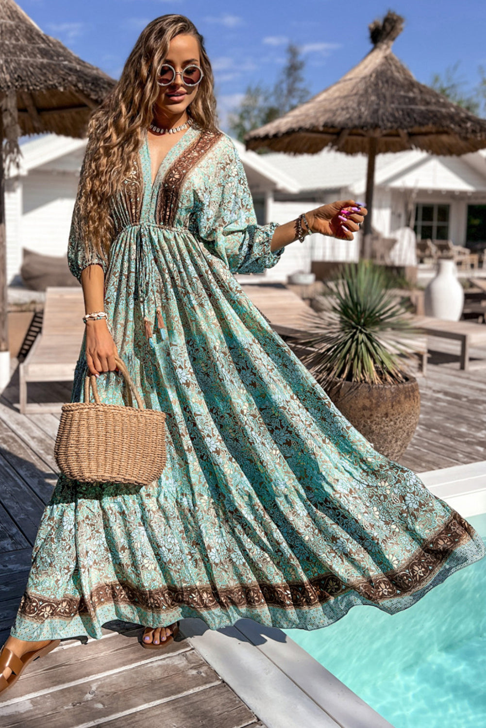 Green Boho Floral Print Lace-up Open Back High Waist Maxi Dress - Premium Dresses/Floral Dresses from Momma Done Gone Crafty- Just $48.99! Shop now at Momma Done Gone Crafty