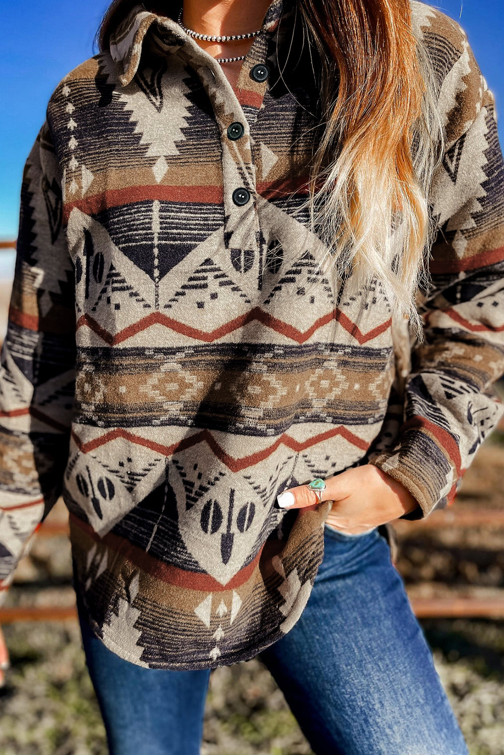 Brown Western Aztec Collared Button-up Sweatshirt - Premium Tops/Sweatshirts & Hoodies from Momma Done Gone Crafty- Just $54.99! Shop now at Momma Done Gone Crafty