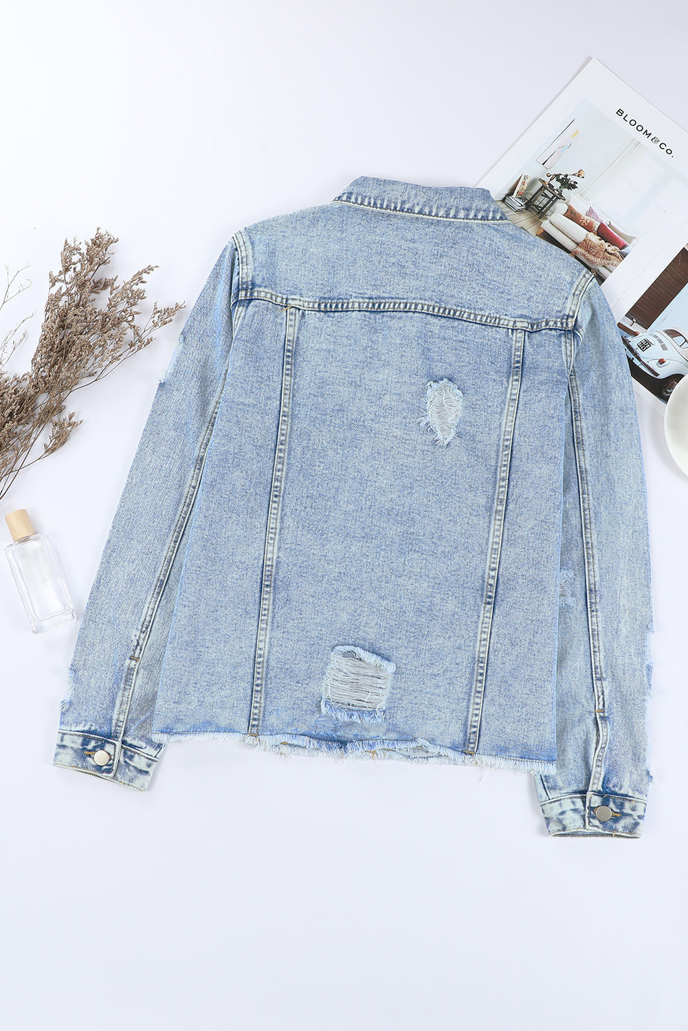 Sky Blue Lapel Distressed Raw Hem Buttons Denim Jacket - Premium Outerwear from Momma Done Gone Crafty- Just $44.00! Shop now at Momma Done Gone Crafty