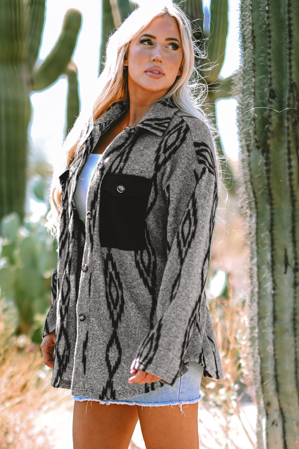 Gray Aztec Contrast Chest Pockets Loose Shacket - Premium Outerwear/Jackets from Momma Done Gone Crafty- Just $43.99! Shop now at Momma Done Gone Crafty