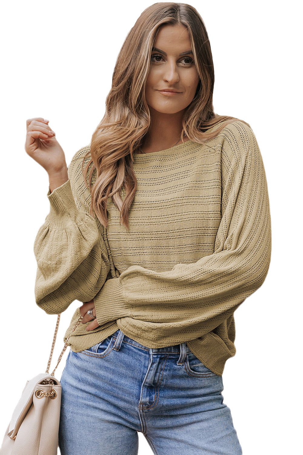 Apricot Lantern Sleeve Eyelets Textured Knit Sweater - Premium Tops from Momma Done Gone Crafty- Just $37.20! Shop now at Momma Done Gone Crafty