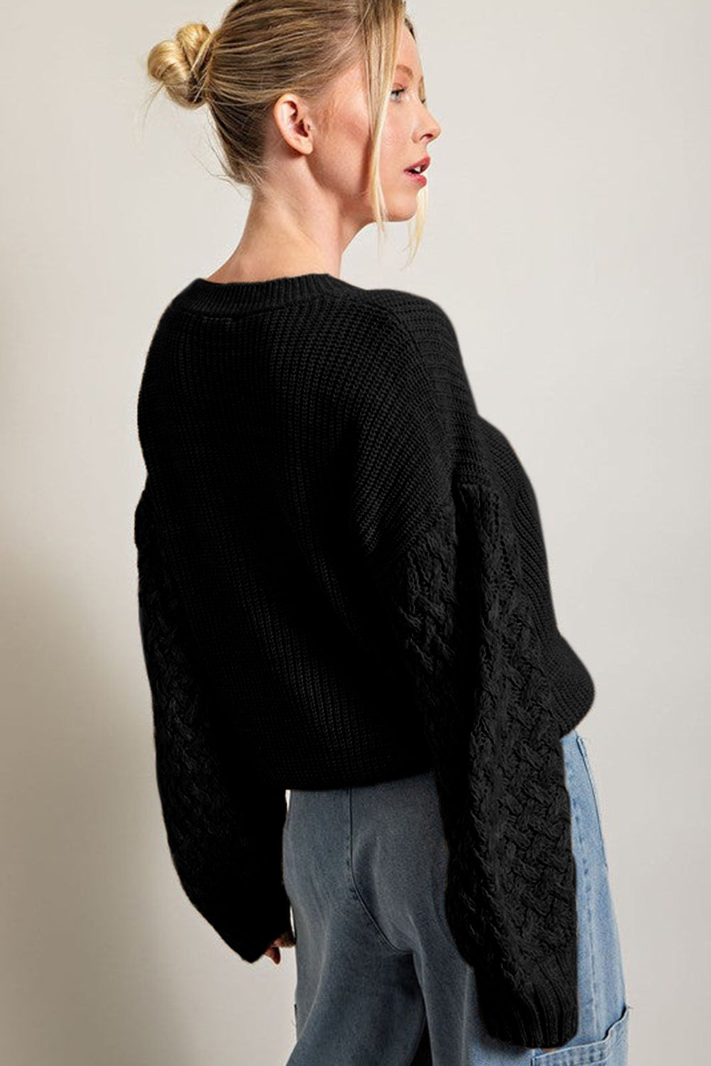 Black Cable Knit Sleeve Drop Shoulder Sweater - Premium Tops from Momma Done Gone Crafty- Just $38.99! Shop now at Momma Done Gone Crafty