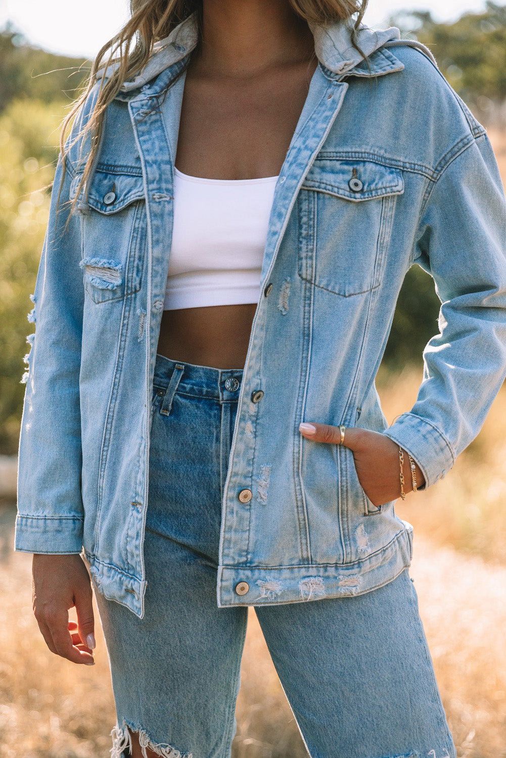 Sky Blue Button Closure Ripped Hooded Denim Jacket - Premium Outerwear from Momma Done Gone Crafty- Just $60.00! Shop now at Momma Done Gone Crafty