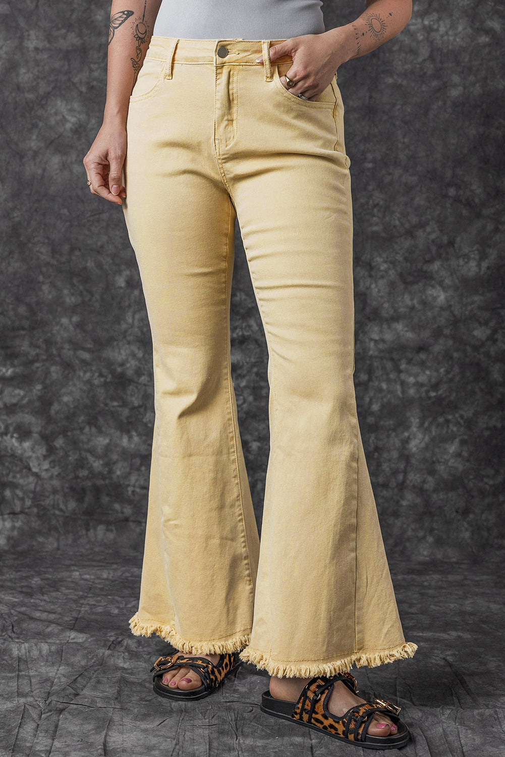 Khaki Raw Edge Mid Waist Flared Jeans - Premium Bottoms from Momma Done Gone Crafty- Just $60! Shop now at Momma Done Gone Crafty