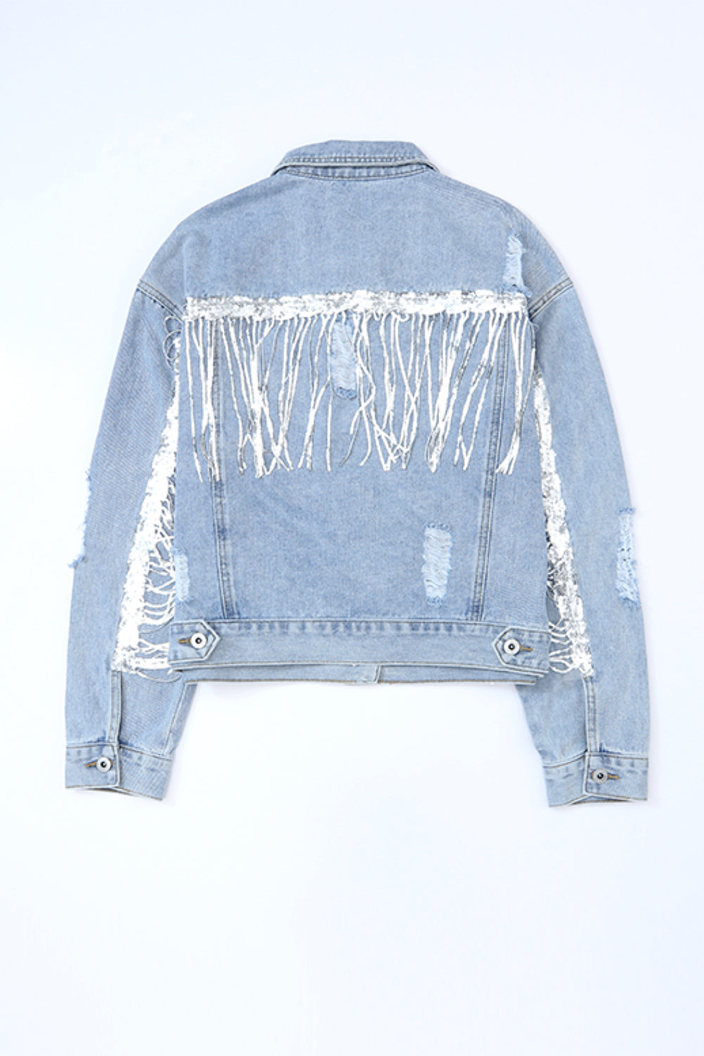 Sky Blue Sequin Embellished Fringe Distressed Denim Jacket - Premium Outerwear from Momma Done Gone Crafty- Just $52.80! Shop now at Momma Done Gone Crafty