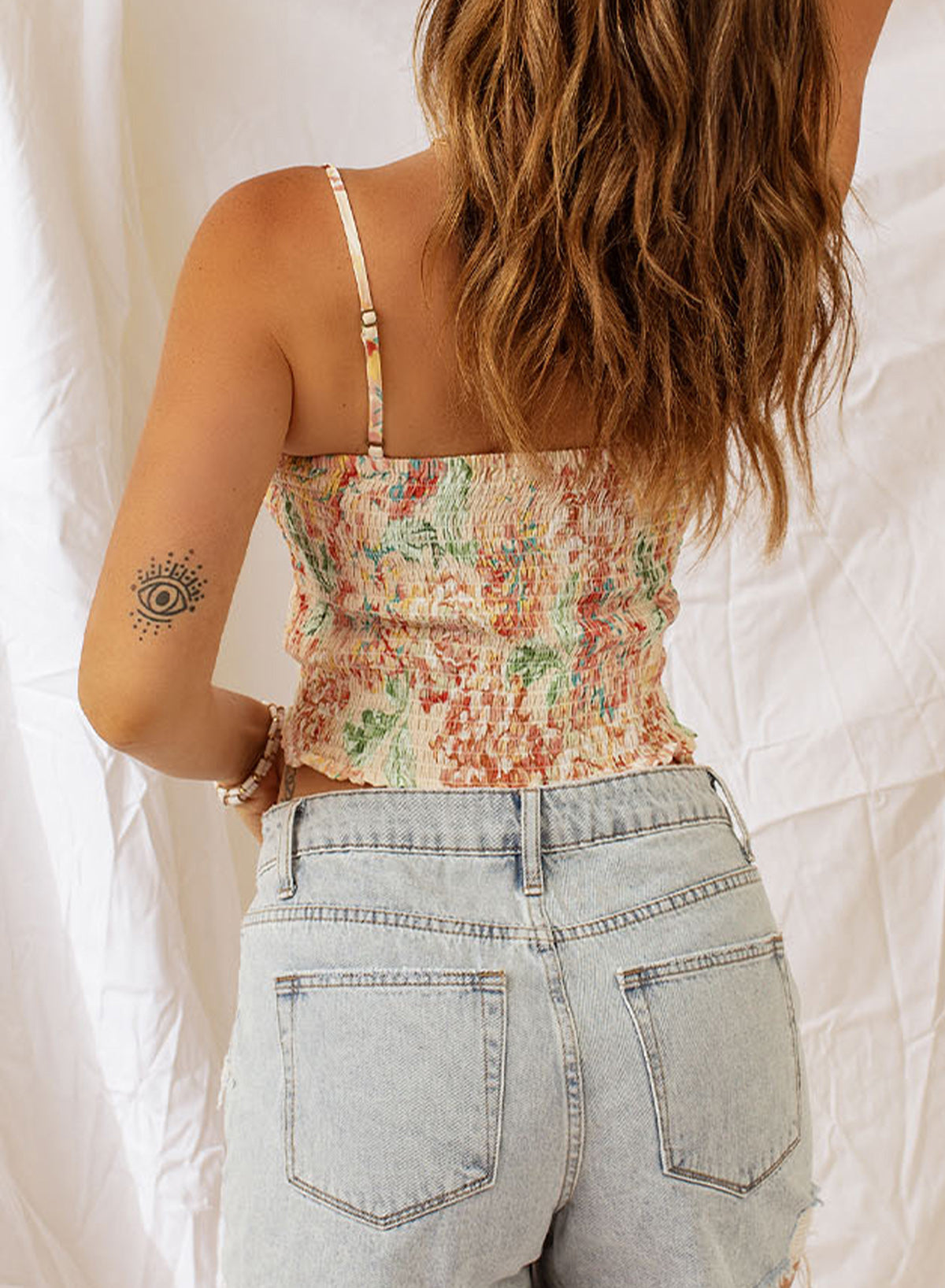 Apricot Floral Print Smocked Ruched Tank Top - Premium Tops from Momma Done Gone Crafty- Just $26.00! Shop now at Momma Done Gone Crafty