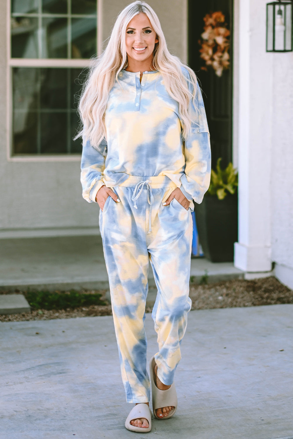 Multicolor Tie Dye Henley Top and Drawstring Pants Outfit - Premium Loungewear from Momma Done Gone Crafty- Just $39.99! Shop now at Momma Done Gone Crafty