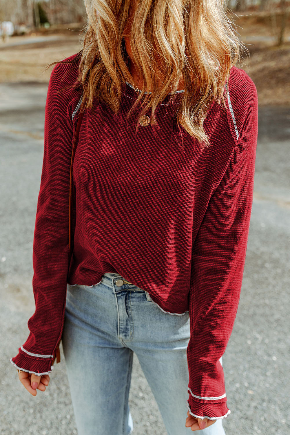 Red Textured Round Neck Long Sleeve Top - Premium Tops from Momma Done Gone Crafty- Just $13.20! Shop now at Momma Done Gone Crafty