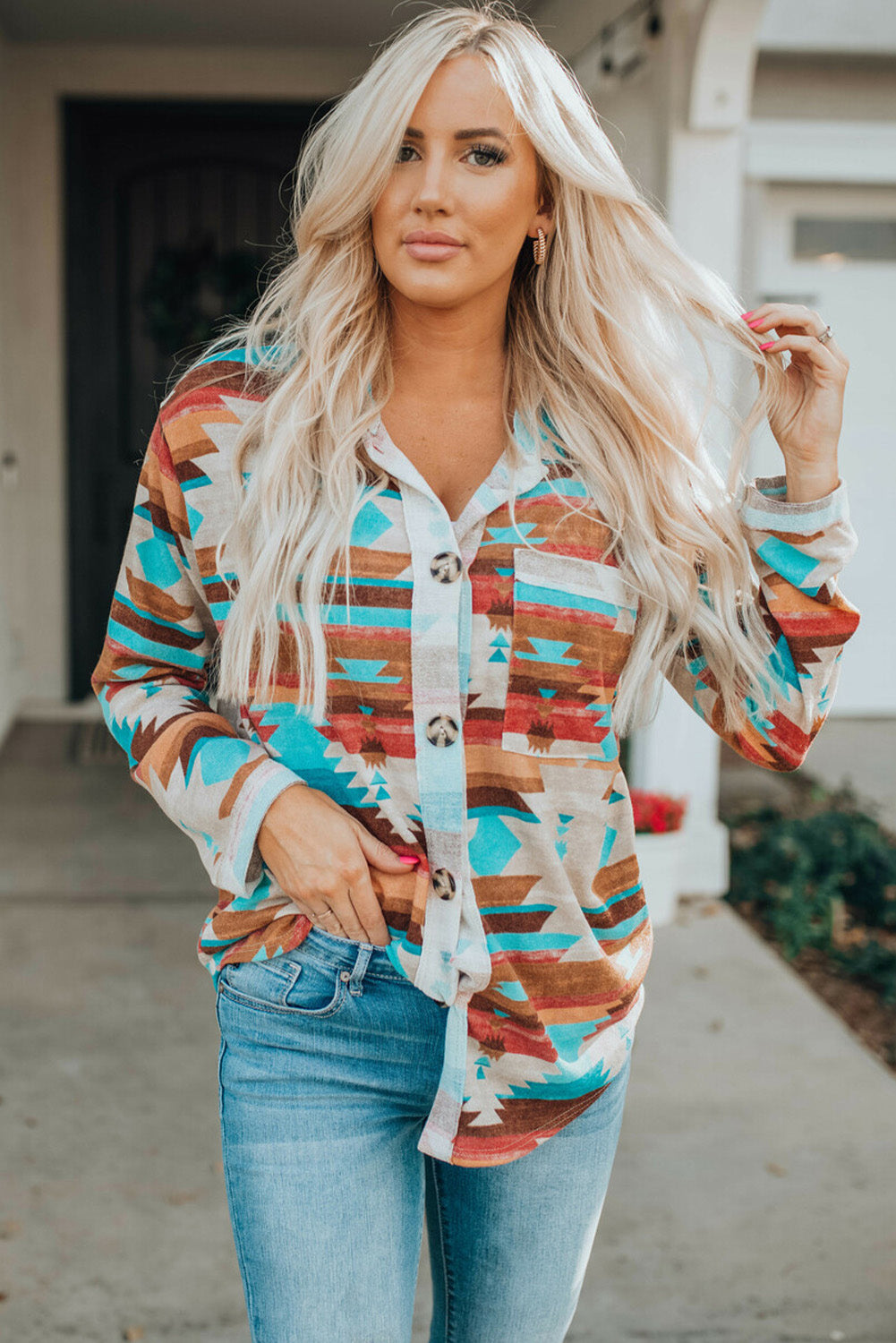 Multicolor Aztec Print Buttoned Pocket Chest Long Sleeve Shirt - Premium Tops/Blouses & Shirts from Momma Done Gone Crafty- Just $33.99! Shop now at Momma Done Gone Crafty