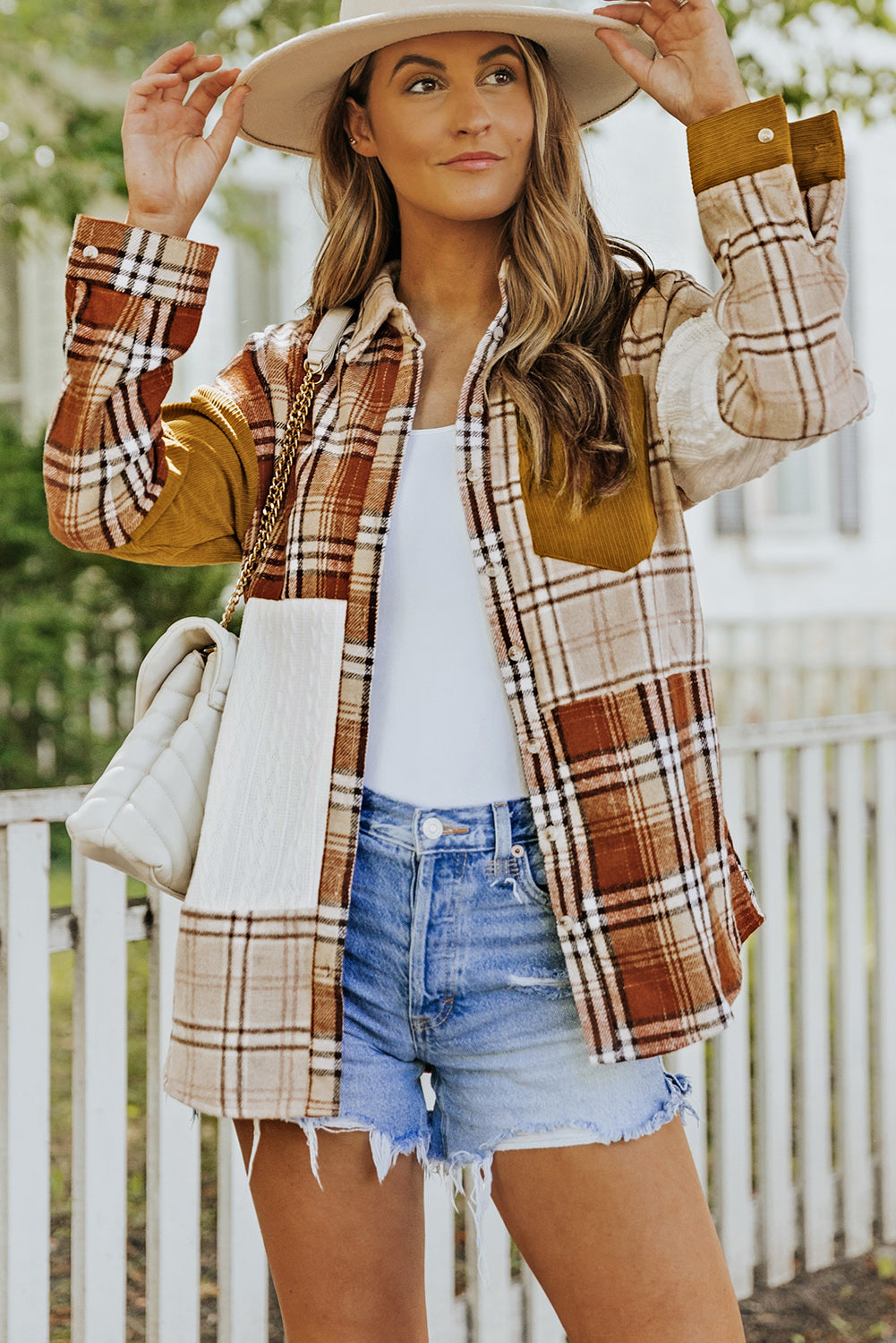 Orange Plaid Color Block Patchwork Shirt Jacket with Pocket - Premium Outerwear from Momma Done Gone Crafty- Just $35.99! Shop now at Momma Done Gone Crafty