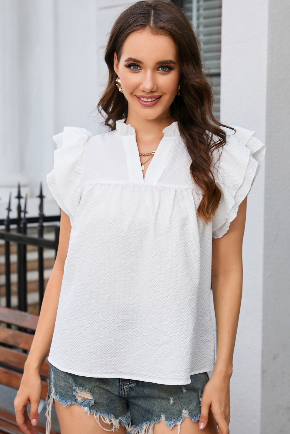 White Ruffle Accent Flutter Sleeve Notch Neck Top - Premium Tops from Momma Done Gone Crafty- Just $16! Shop now at Momma Done Gone Crafty