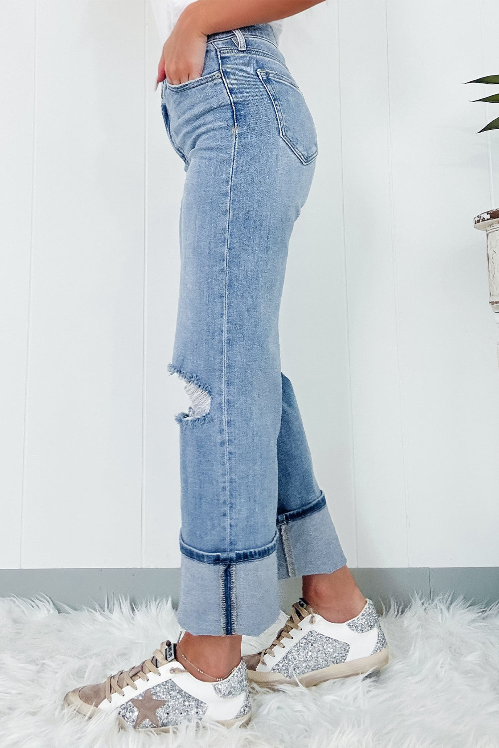 Dusk Blue High Rise Asymmetric Button Zip Fly Ripped Jeans - Premium Bottoms/Jeans from Momma Done Gone Crafty- Just $66.99! Shop now at Momma Done Gone Crafty