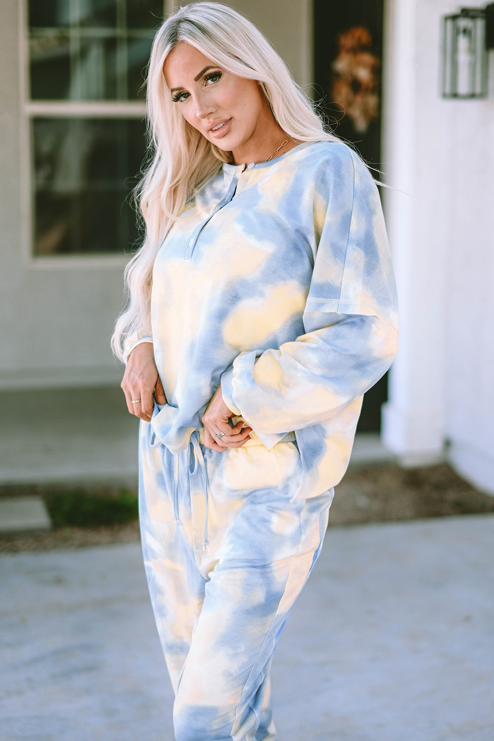 Multicolor Tie Dye Henley Top and Drawstring Pants Outfit - Premium Loungewear from Momma Done Gone Crafty- Just $39.99! Shop now at Momma Done Gone Crafty