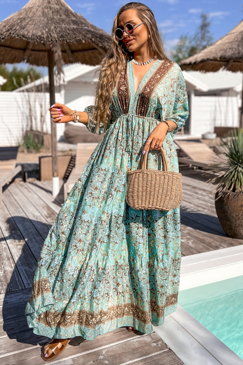 Green Boho Floral Print Lace-up Open Back High Waist Maxi Dress - Premium Dresses/Floral Dresses from Momma Done Gone Crafty- Just $48.99! Shop now at Momma Done Gone Crafty