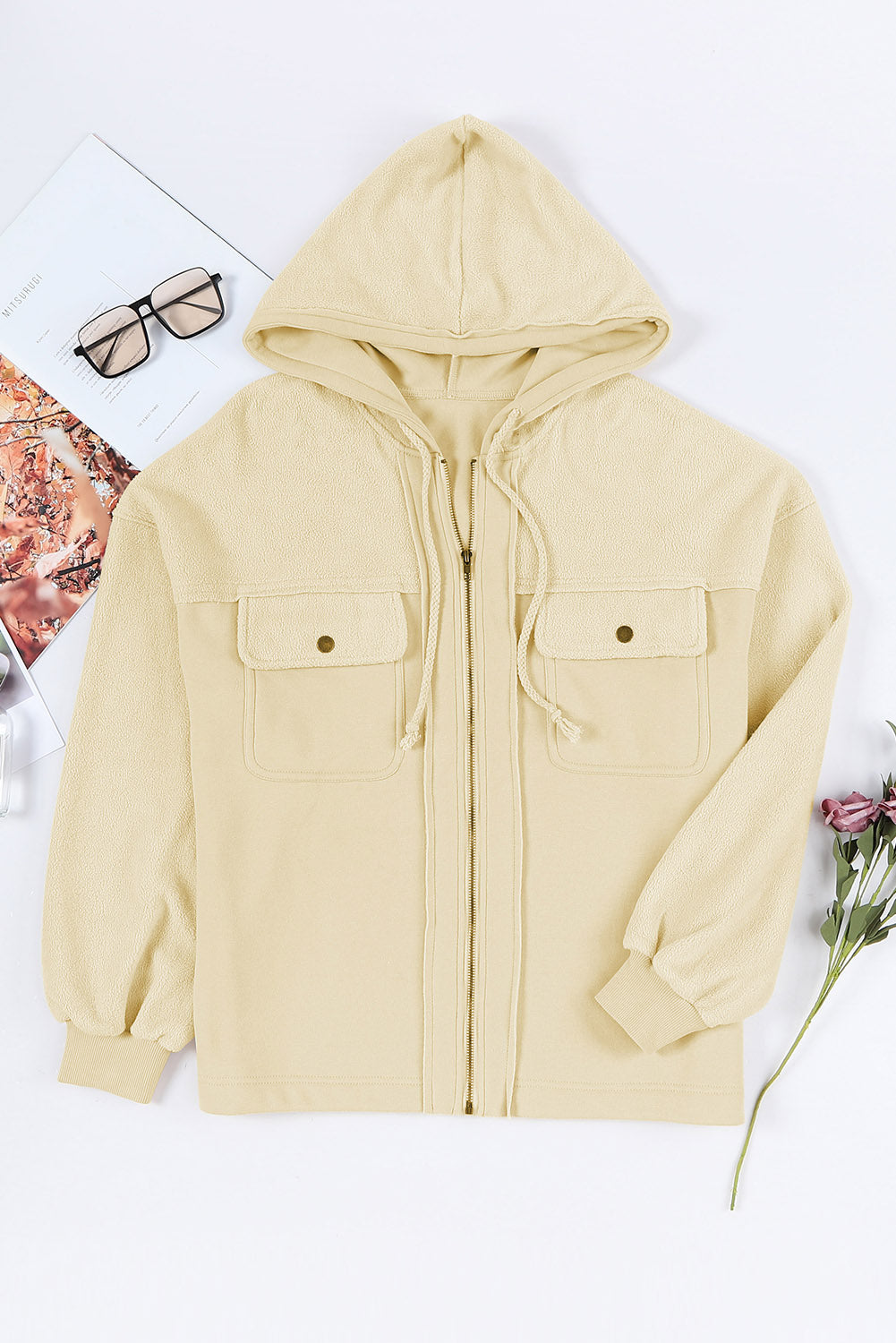 Apricot Flap Pocket Drawstring Hood Zip Up Jacket - Premium Outerwear from Momma Done Gone Crafty- Just $38.99! Shop now at Momma Done Gone Crafty