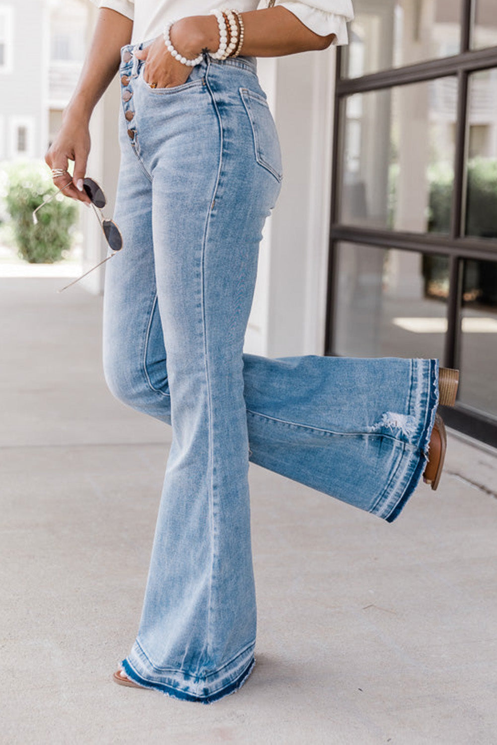 Sky Blue High Waist Buttoned Distressed Flared Jeans - Premium Bottoms from Momma Done Gone Crafty- Just $48.99! Shop now at Momma Done Gone Crafty