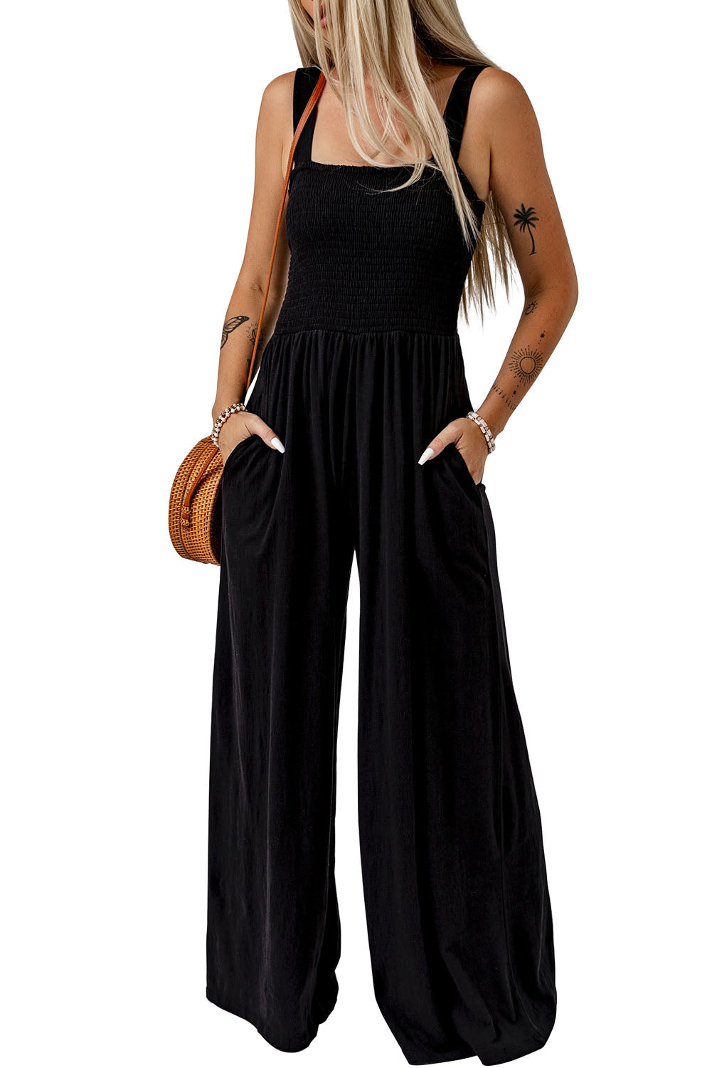 Black Smocked Sleeveless Wide Leg Jumpsuit with Pockets - Premium Bottoms from Momma Done Gone Crafty- Just $45.00! Shop now at Momma Done Gone Crafty