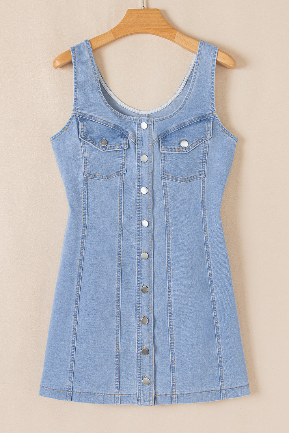 Beau Blue Light Wash Denim Buttoned Front Chest Pockets Sleeveless Slim Mini Dress - Premium Dresses/Mini Dresses from Momma Done Gone Crafty- Just $55! Shop now at Momma Done Gone Crafty